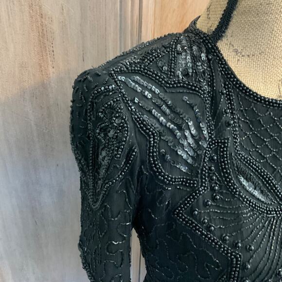 Vintage Adriana Papel evening black beaded sequin silk midi dress cocktail sz 8 - Picture 5 of 16